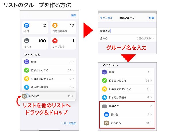 マイリストは、2つ以上をグループにすることも可能です。リストをドラッグ&ドロップで別のリストに重ね、グループ名を入力します