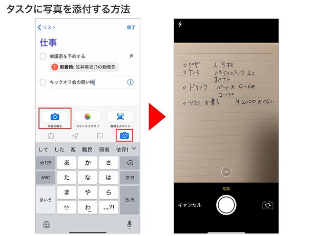 カメラのアイコンをタップし「写真を撮る」を選択→カメラが開いたら撮影。フォトライブラリから選択することも可能です