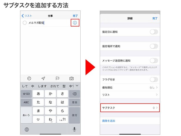 タスクを入力し「i」をタップ→「サブタスク」をタップ