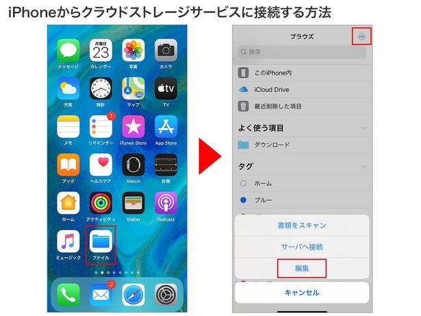 「ファイル」を開き、右上の「…」→「編集」の順にタップ
