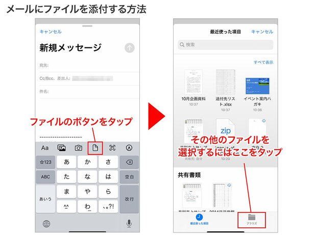 メール作成画面で「ファイル」ボタンをタップ→「ファイル」が開いたら、添付したいドキュメントを選択します