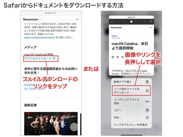 Safari上でリンクをタップ、または画像等を長押しして、「リンク先のファイルをダウンロード」を選択