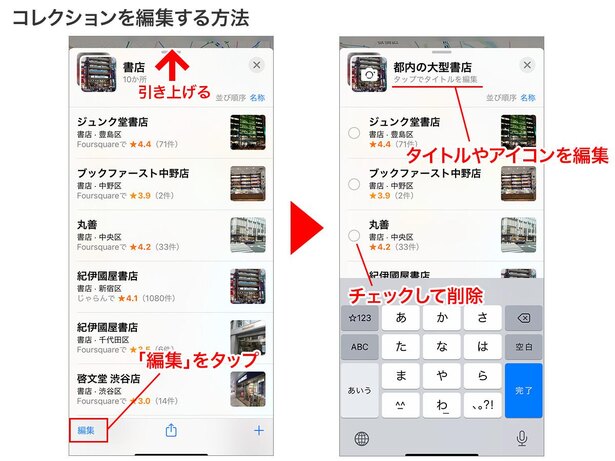 コレクションを開き「編集」をタップ→タイトルの名前や写真を変更したり、場所を削除することができます