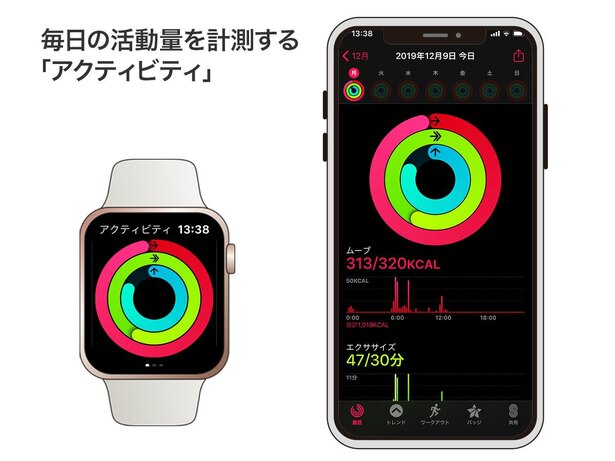 毎日の活動量を自動的に計測する「アクティビティ」。Apple WatchおよびiPhoneの「アクティビティ」アプリで確認できます