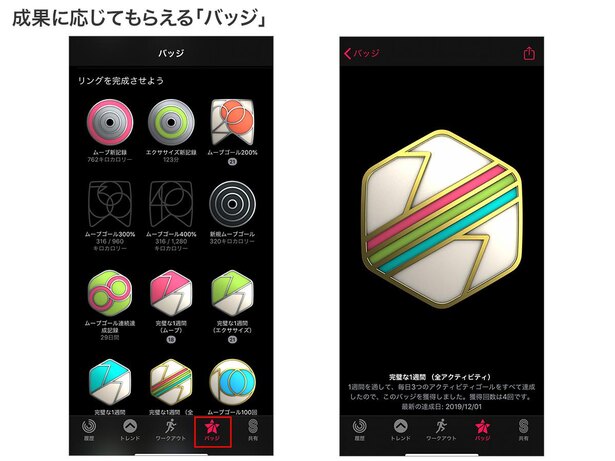 「バッジ」は、リングコンプリート回数などアクティビティの成果に応じて付与されます。何かに使えるというわけではありませんが、記録が残るのは嬉しいものです