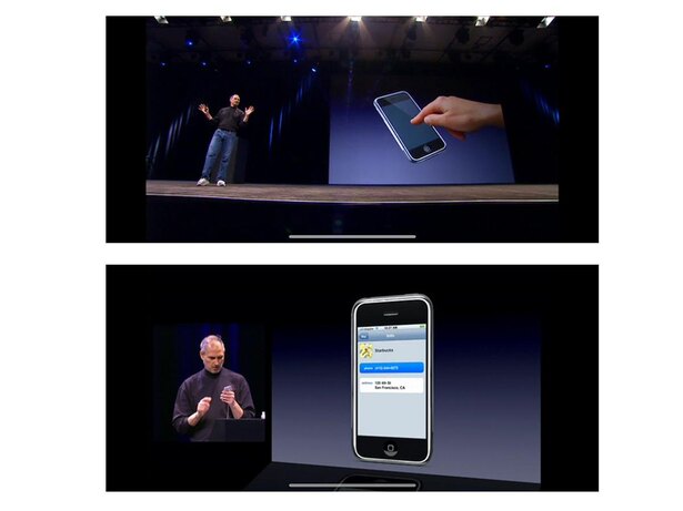 初代 iPhone のプレゼン。マップから近くのスタバを検索し「ラテを4000個。いえ、間違いです」と電話してみせるジョブズに会場が沸きました
