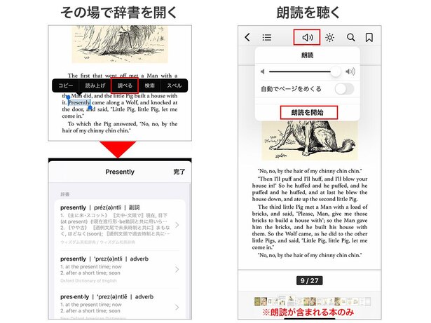 わからない単語をタップ→「調べる」で内蔵辞書が表示されます。また、メニューにスピーカーのアイコンがあれば、朗読音声を再生できます