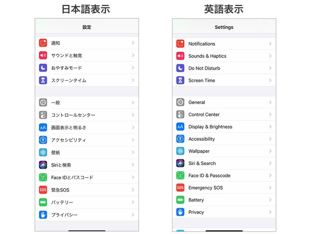 日本語使用時の「設定」と、英語使用時の「Settings」