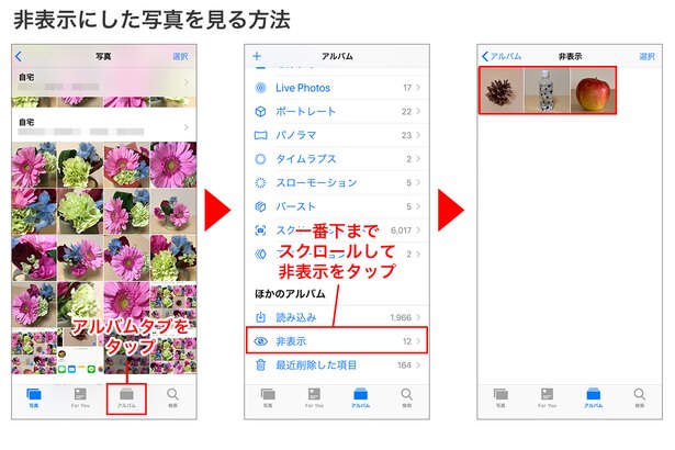 写真アプリの下部にある「アルバム」タブを開く→一番下までスクロールして「非表示」というメニューをタップ→非表示にした写真を見ることができます