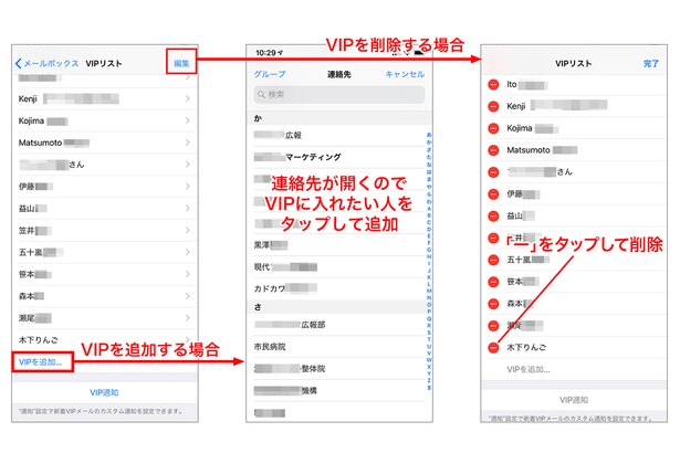 追加する場合は「VIPを追加」をタップ→連絡先から選択します。削除する場合は「編集」をタップ→「ー」をタップして削除