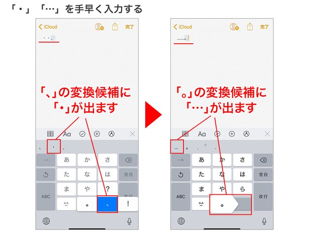 ひらがなキーボードで「、」を打つと、変換候補に「・」が、「。」を入力すると「…」が出ます