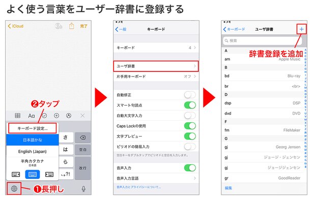 地球のマークを長押して「キーボード設定」→「ユーザー辞書」→「+」の順にタップ