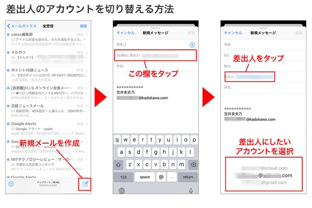 「全受信」画面で新規メールを作成→この欄をタップ→差出人をタップすると下段にアカウント選択欄が出てきます