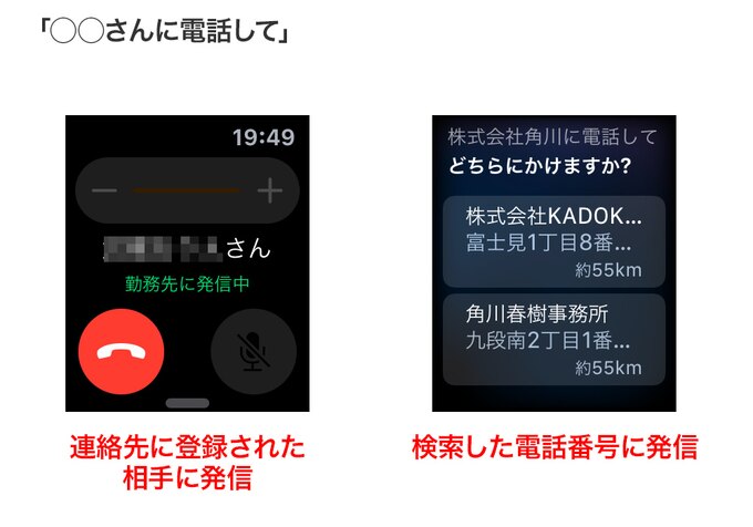 「◯◯さんに電話して」と言うと、電話をかけてくれます。連絡先に登録されている相手だけではなく、検索結果から選択して発信することも可能