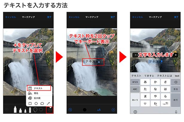 右下の「+」で「テキスト」を選択→画面上に「テキスト」と書かれた枠が配置されます→枠を2回タップするとキーボードが表示されるので、文字を入力します