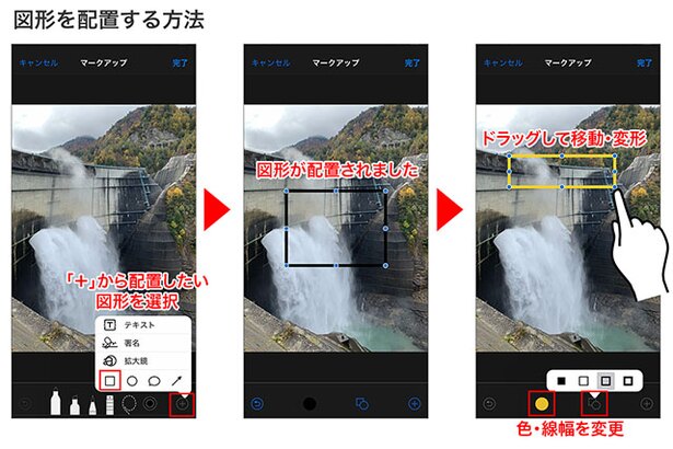 右下の「+」をタップして配置したい図形を選択→図形が配置されます→ドラッグで移動、青い丸でサイズ変更ができます。下部のボタンで色や線幅を変えられます