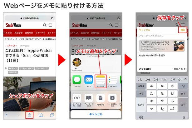 Safariの「シェアボタン」をタップ→「メモに追加」を選択→「保存」をタップ。説明のテキストを書き加えておくこともできます
