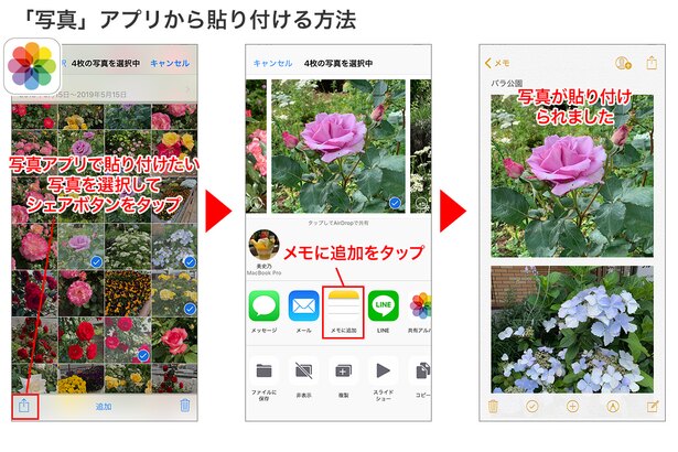 写真アプリを開き、「選択」をタップ→メモに貼り付けたい写真を選択して、シェアボタンをタップ→「メモに追加」を選択