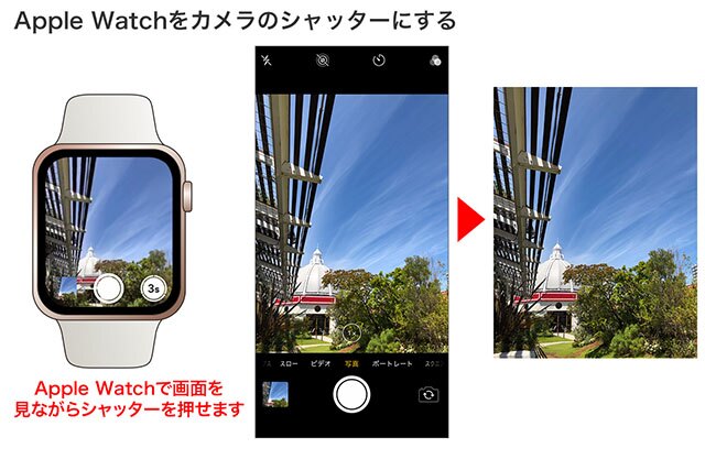 iPhoneを適当な場所に設置して、Apple Watchのカメラアプリを起動。画面を確認しながらシャッターを押します。タイマー撮影も可能