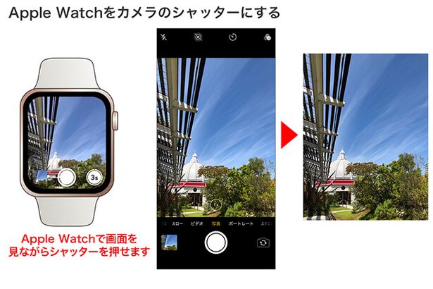 iPhoneを適当な場所に設置して、Apple Watchのカメラアプリを起動。画面を確認しながらシャッターを押します。タイマー撮影も可能