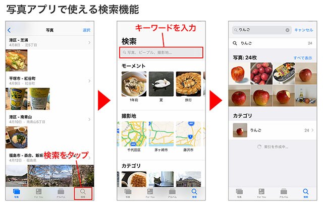 写真アプリを開き、右下の「検索」をタップ→画面上部に表示される検索窓から、写っているものを言葉で検索できます