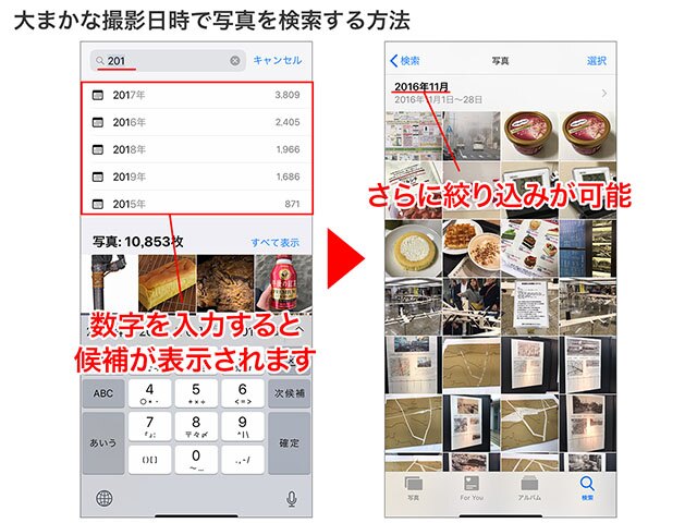 数字を入れると、予測で年・月の候補を表示。さらに絞り込んで検索することができます。春、夏など季節でも検索可能です