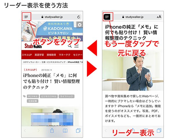 リーダー表示ボタンをタップすると、コンテンツだけの表示になります。もう一度タップして、元に戻ります