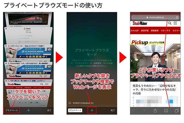 タブを開き「プライベート」をタップ→「+」で新しいタブを開きます。ブックマークや検索は、通常通り使えます→上下の黒いプライベートタブが開きました