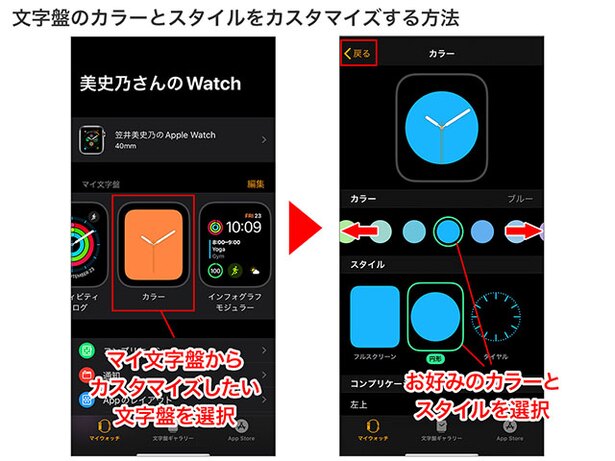 Watchアプリの「マイ文字盤」から、カスタマイズしたい文字盤を選択→使用したいカラーやスタイルを選択→完了したら「戻る」をタップ