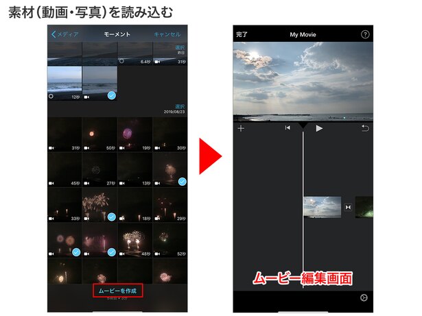 フォトライブラリが開くので、ムービーに使用したい動画を選択して「ムービーを作成」をタップ(写真も使えます)→ムービー編集画面が開きます