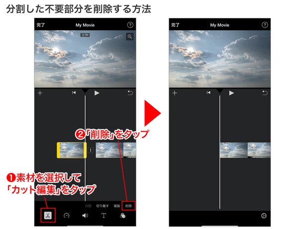 削除したい素材を選択して「カット編集」ボタン→「削除」をタップ