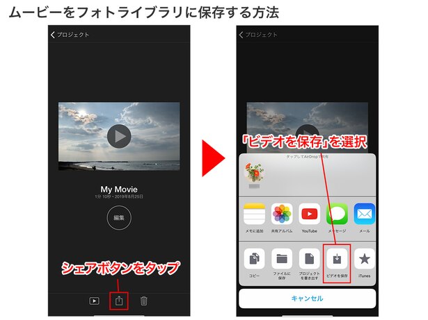 編集完了後の画面でシェアボタンをタップ→「ビデオを保存」をタップ