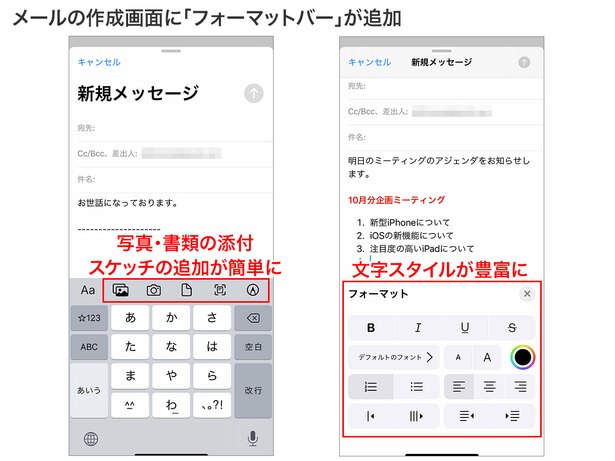 メールの作成画面に「フォーマットバー」が追加され、写真・添付ファイル・スケッチの追加などが簡単に。テキストの装飾も豊富になりました